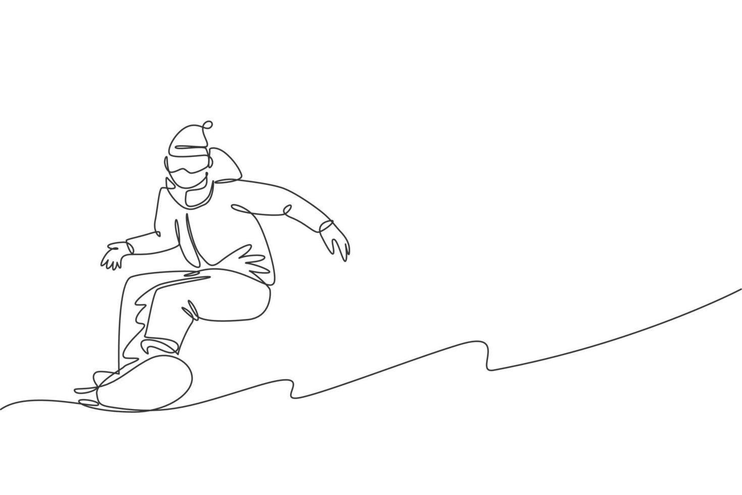 um único desenho de linha homem jovem snowboarder enérgico andar de snowboard rápido em ilustração vetorial gráfica de montanha de neve. conceito de esporte de estilo de vida de férias turísticas. design moderno de desenho de linha contínua vetor