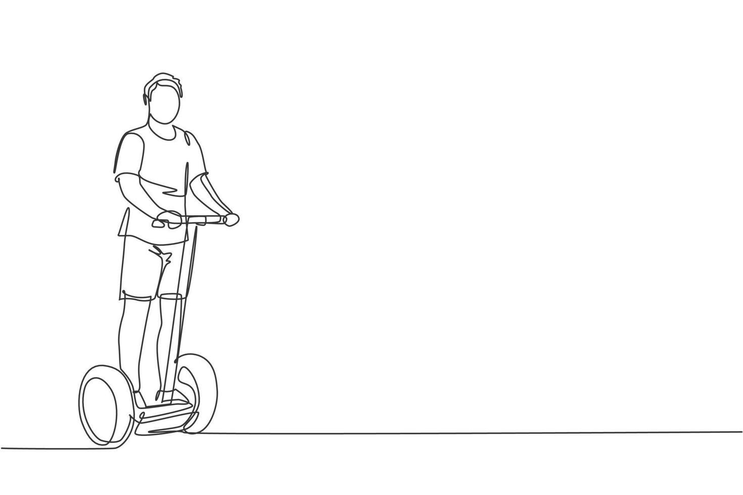 um desenho de linha contínua de jovem feliz passeio de scooter elétrico no parque ao ar livre. transporte verde. futuro conceito de estilo de vida urbano. ilustração em vetor desenho dinâmico de desenho de linha única