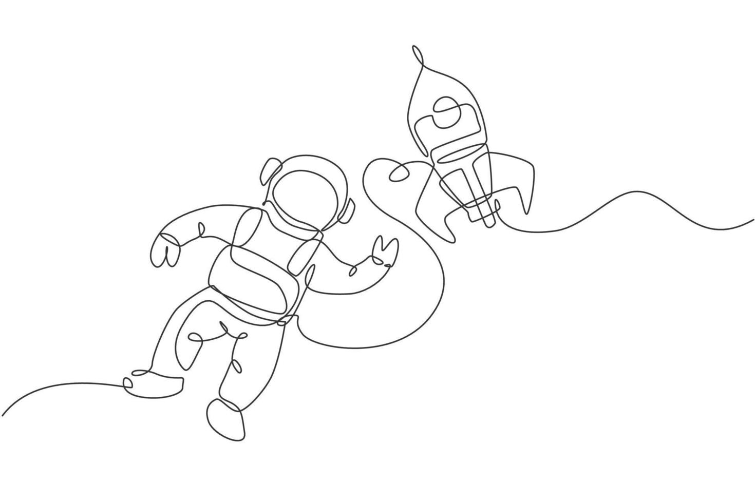 um desenho de linha única de astronauta em traje espacial flutuando e descobrindo o espaço profundo com ilustração vetorial de nave espacial de foguete. explorando o conceito de espaço sideral. design moderno de desenho de linha contínua vetor