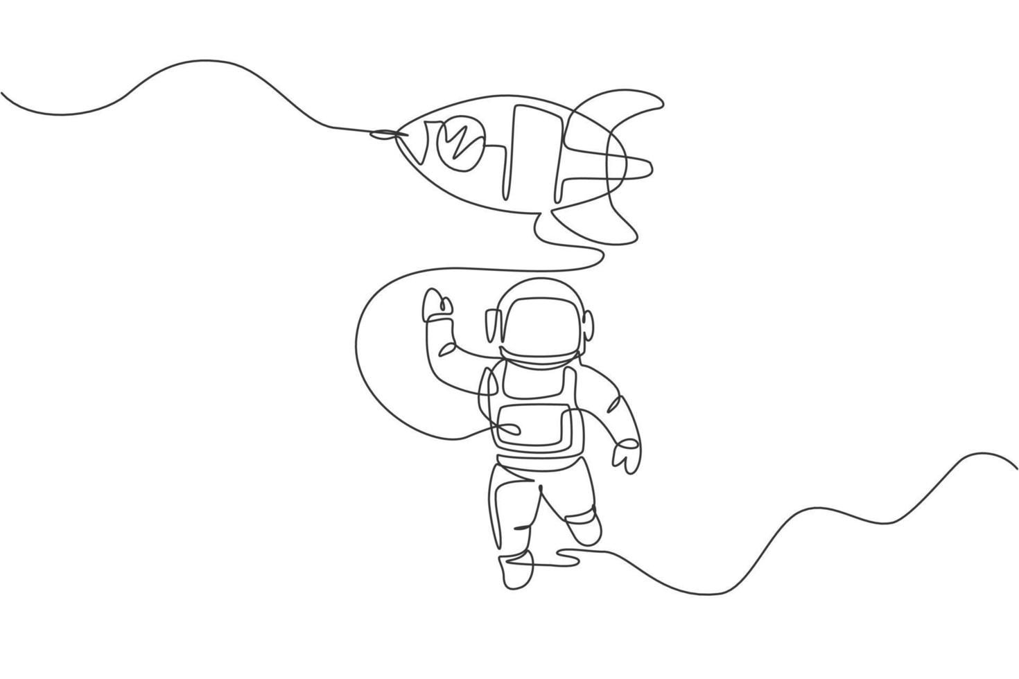 um desenho de linha única de astronauta em traje espacial acenando com a mão e descobrindo o espaço profundo com ilustração vetorial de foguete. explorando o conceito de espaço sideral. design moderno de desenho de linha contínua vetor