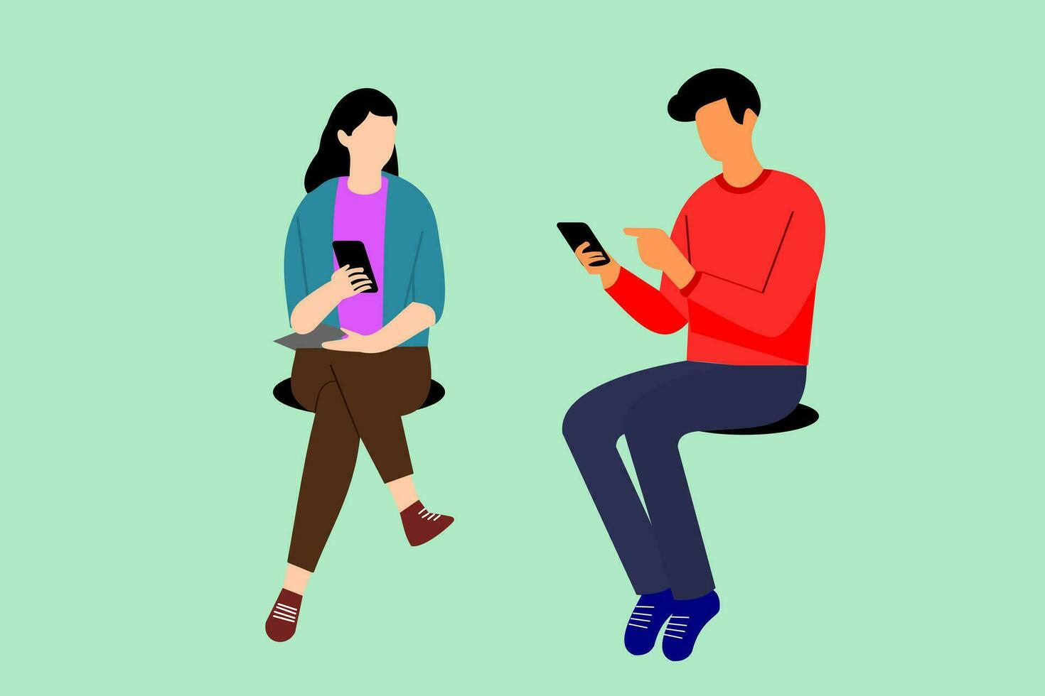 dois pessoas usando telefone. homem e mulher plano ilustração isolado vetor