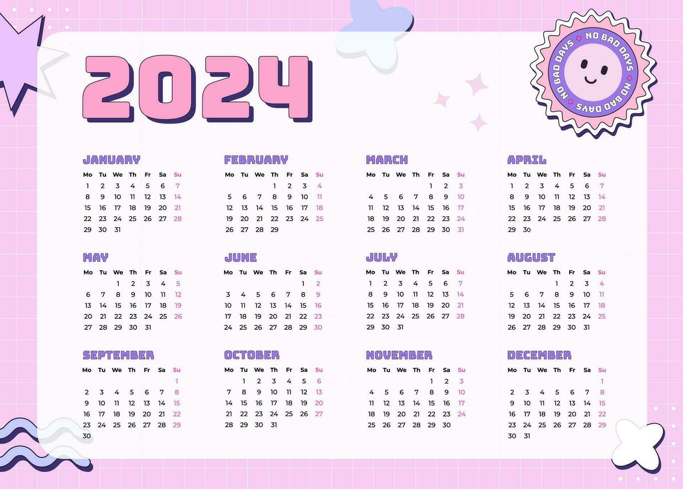 horizontal por mês calendário 2024 dentro ano 2000 estilo, anos 90 gráfico Projeto. brilhante cor modelo dentro retro estilo com xadrez fundo. vetor