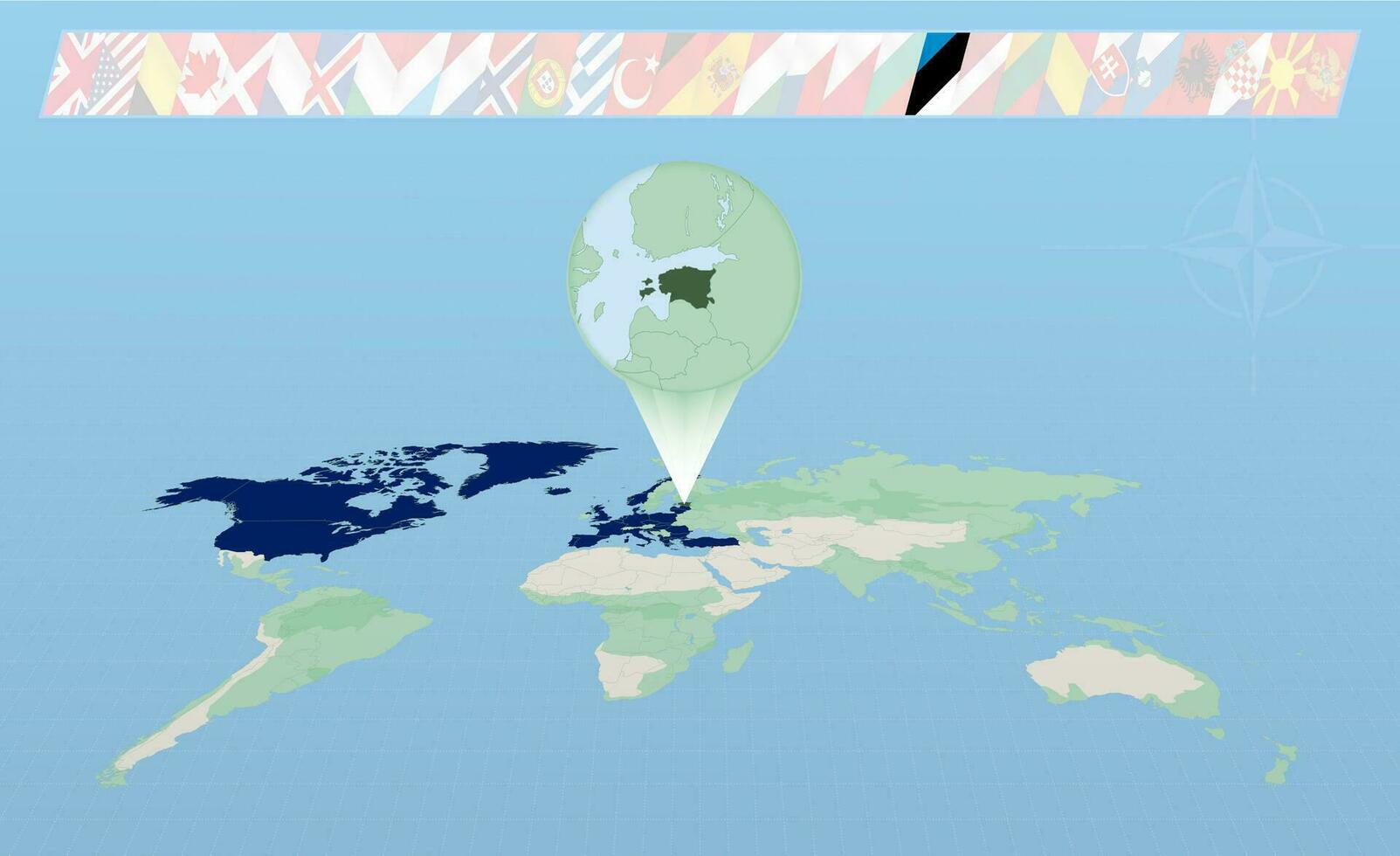 Estônia membro do norte atlântico aliança selecionado em perspectiva mundo mapa. bandeiras do 30 membros do aliança. vetor