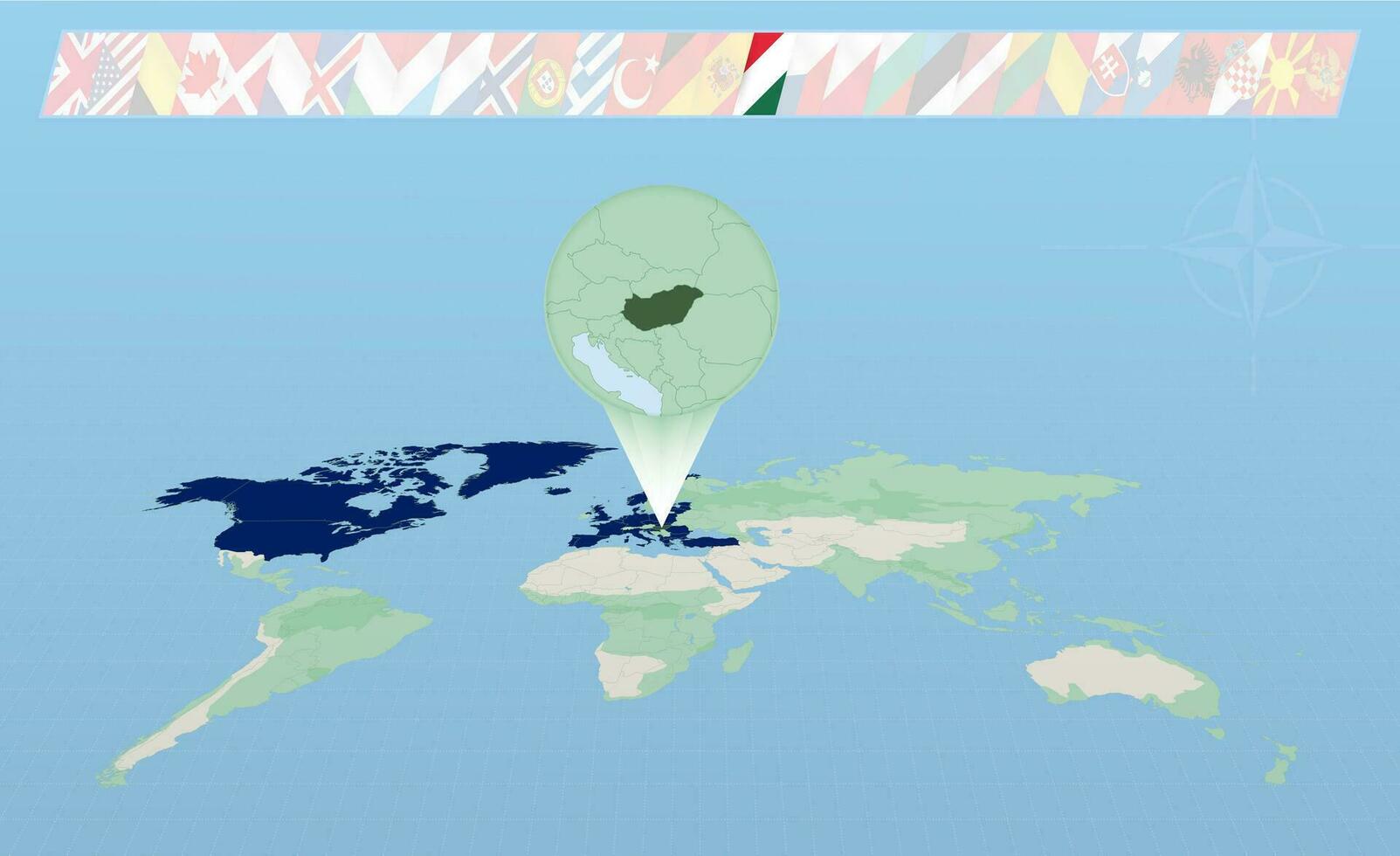 Hungria membro do norte atlântico aliança selecionado em perspectiva mundo mapa. bandeiras do 30 membros do aliança. vetor