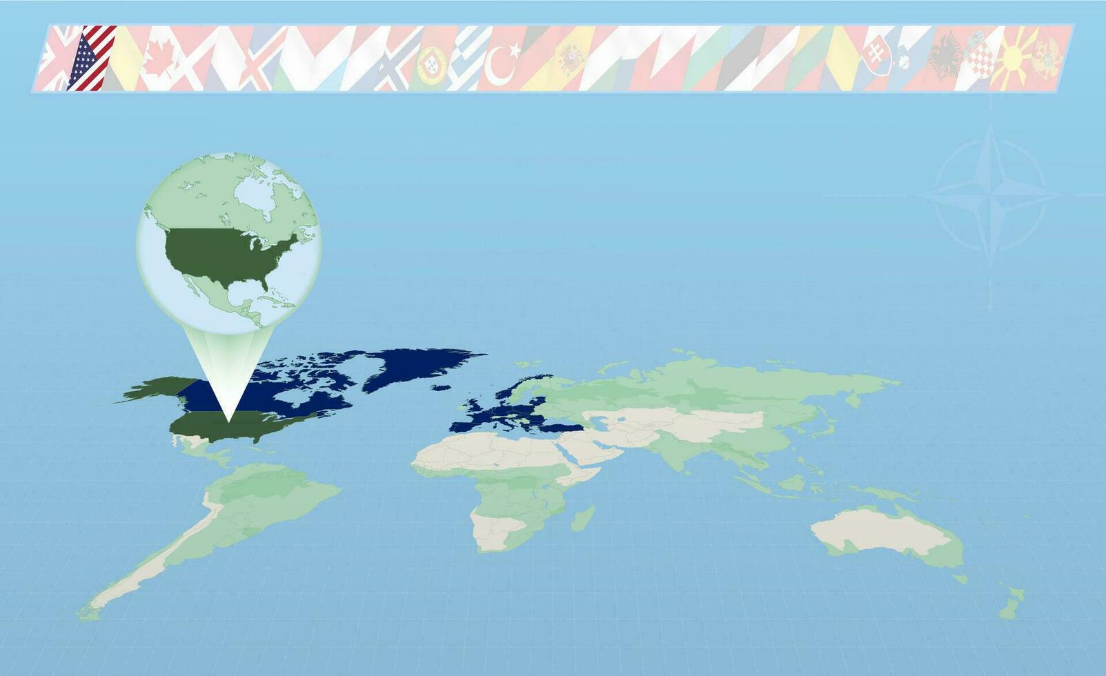 EUA membro do norte atlântico aliança selecionado em perspectiva mundo mapa. bandeiras do 30 membros do aliança. vetor