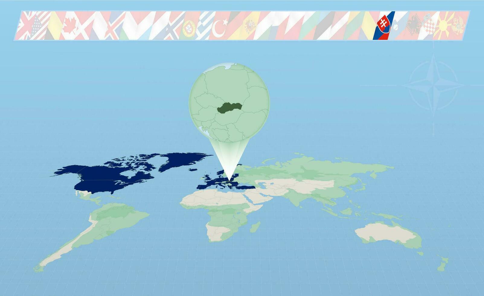 Eslováquia membro do norte atlântico aliança selecionado em perspectiva mundo mapa. bandeiras do 30 membros do aliança. vetor