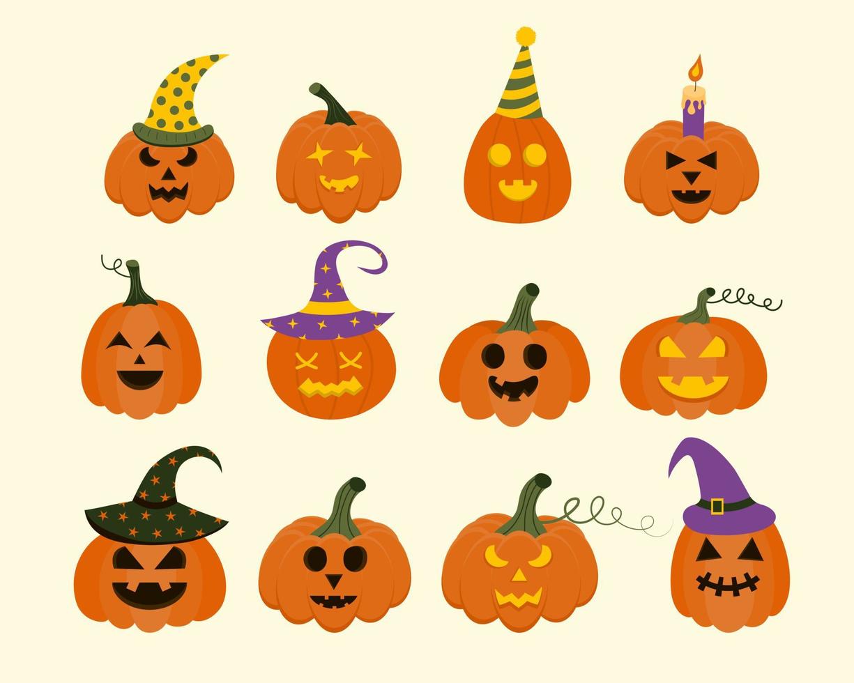 conjunto de abóboras assustadoras de halloween. símbolo do feliz feriado de halloween. perfeito para férias, decoração, adesivos. vetor