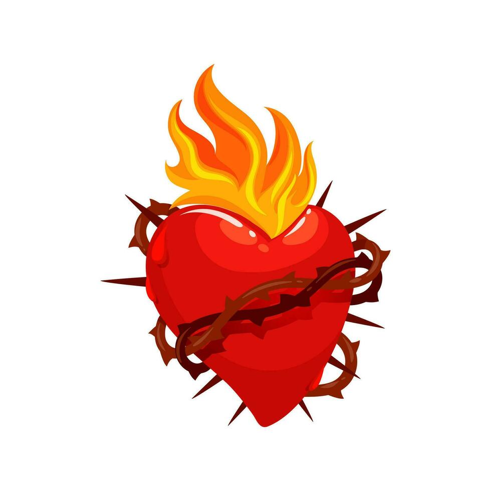 mexicano sagrado coração tatuagem com espinhos e fogo vetor