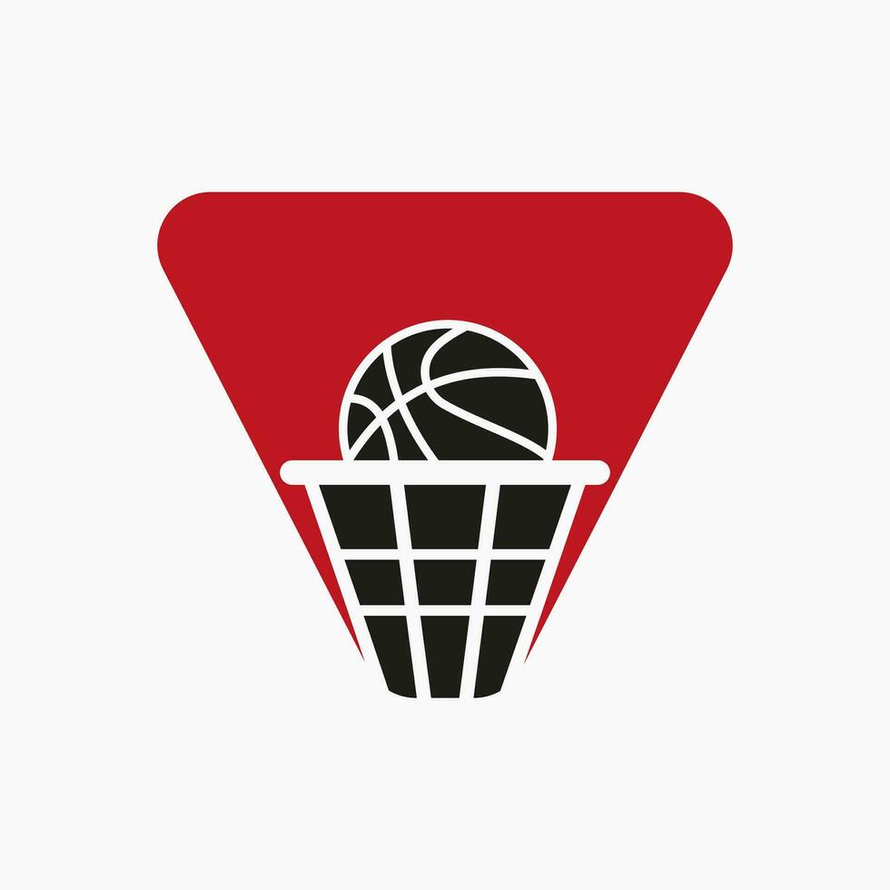 carta v basquetebol logotipo conceito. cesta bola logótipo símbolo vetor modelo