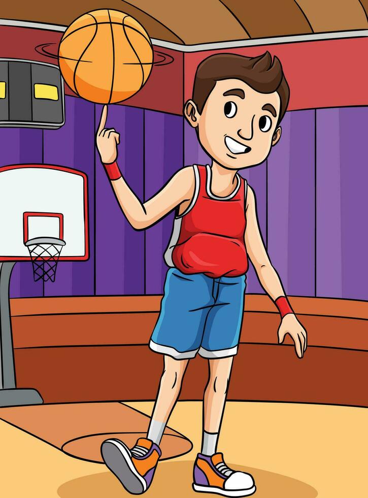 basquetebol Garoto fiação a bola colori desenho animado vetor