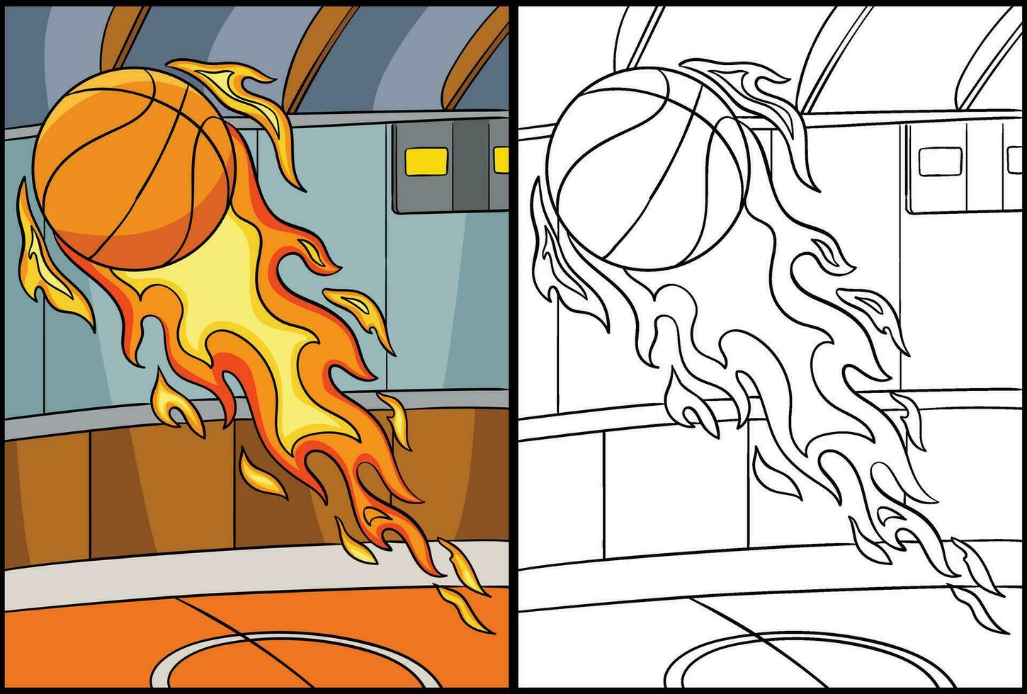 basquetebol bola dentro fogo coloração página ilustração vetor