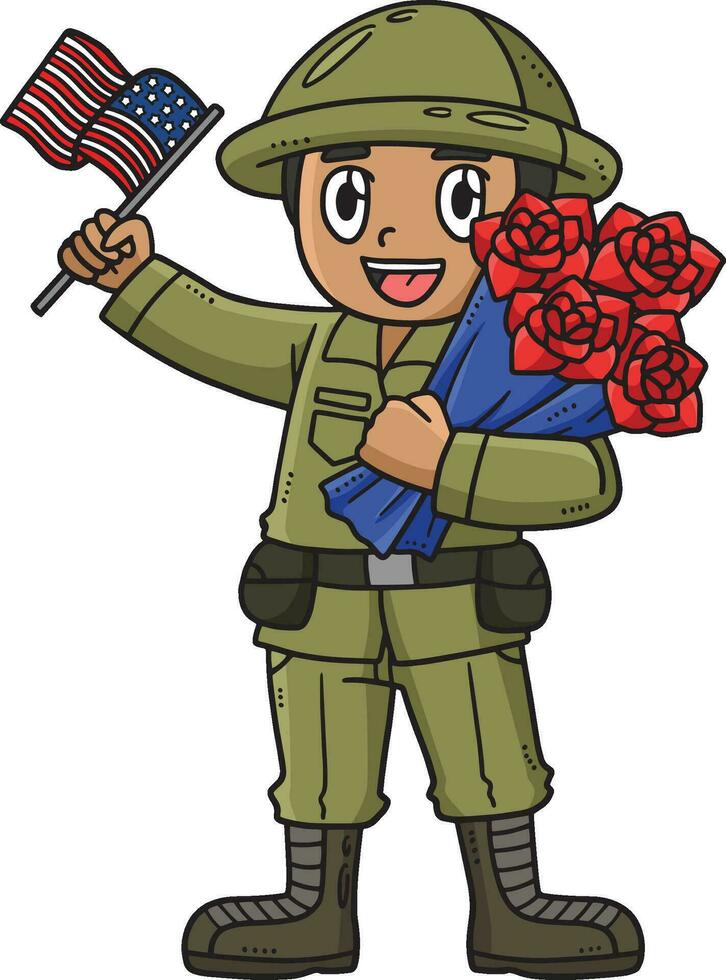 soldado ramalhete e bandeira desenho animado colori clipart vetor