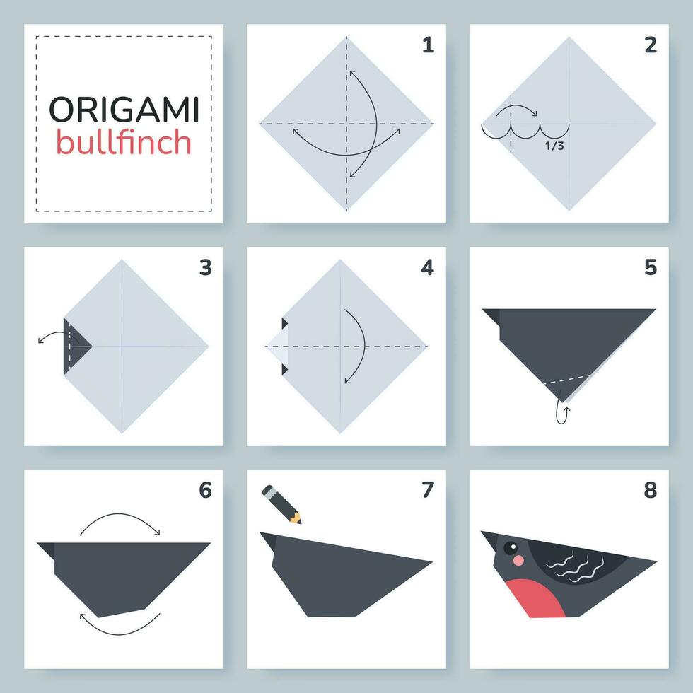 Dom-fafe origami esquema tutorial comovente modelo. origami para crianças. degrau de degrau quão para faço uma fofa origami pássaro. vetor ilustração.