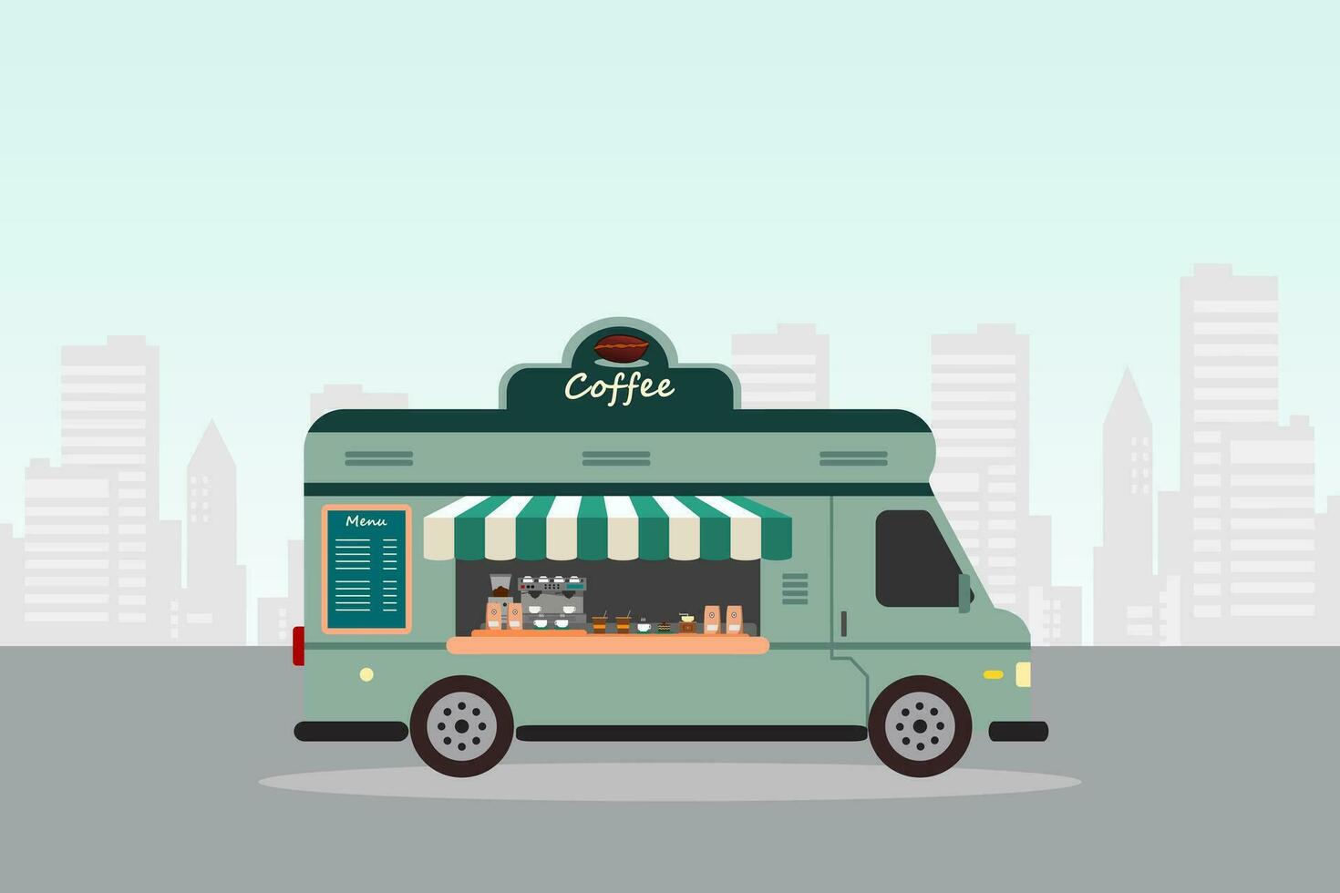 café rua Comida caminhão furgão. café fazer compras. pequeno negócios. vetor ilustração.