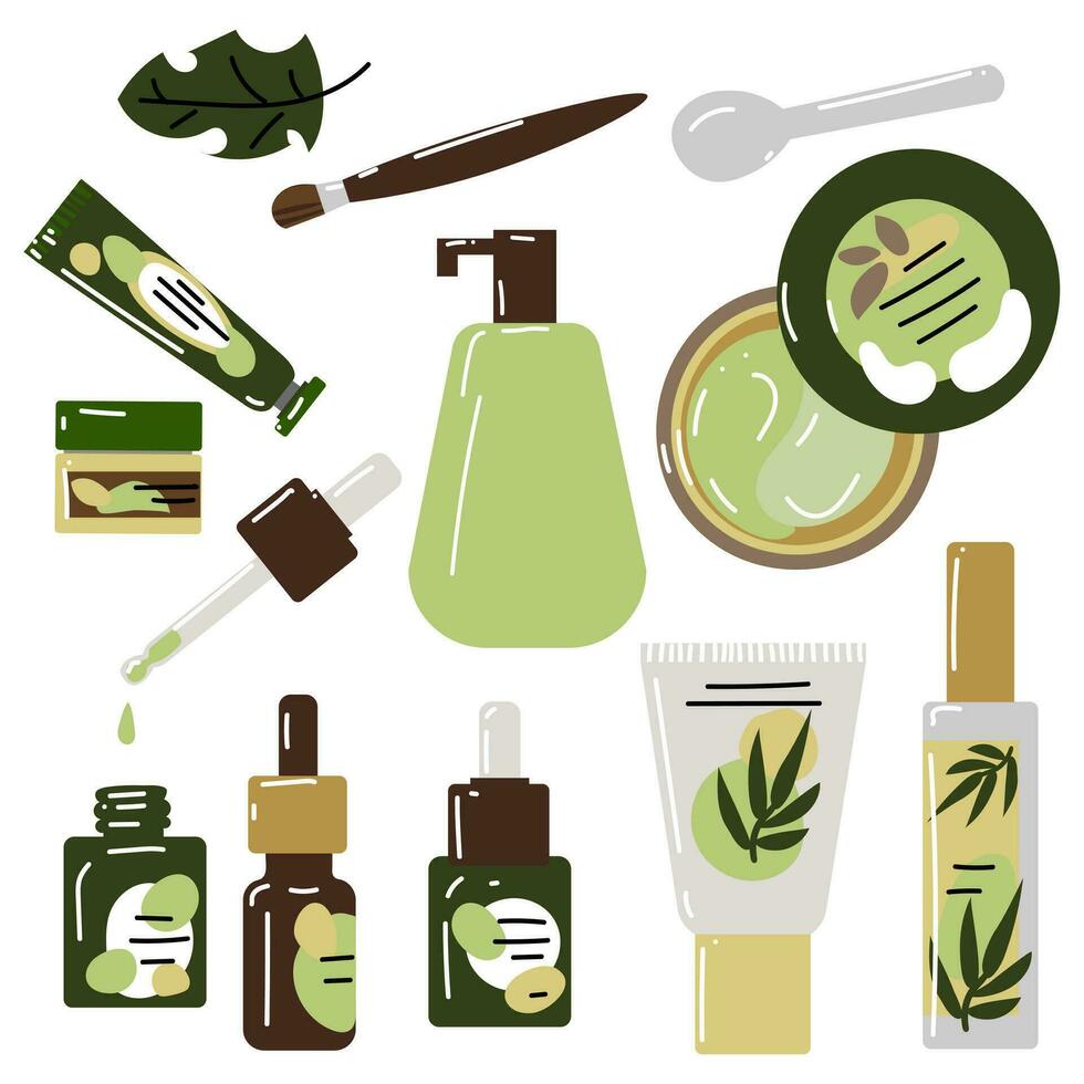 uma conjunto do vários cosméticos para corpo, cabelo e pele Cuidado. uma conjunto do orgânico cosméticos e Maquiagem produtos dentro garrafas, tubos e frascos. cor plano vetor ilustração em destaque em uma branco fundo