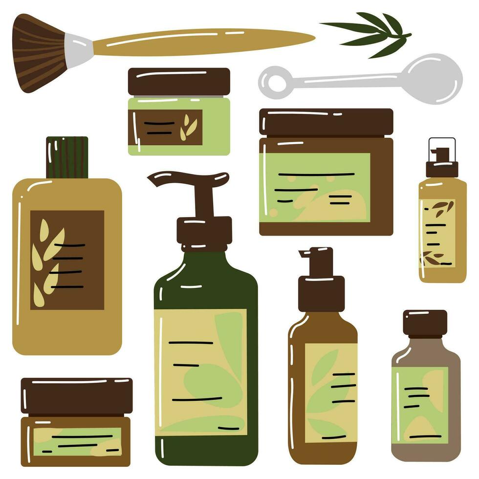 uma conjunto do vários cosméticos para corpo, cabelo e pele Cuidado. uma conjunto do orgânico cosméticos e Maquiagem produtos dentro garrafas e frascos. cor plano vetor ilustração em destaque em uma branco fundo