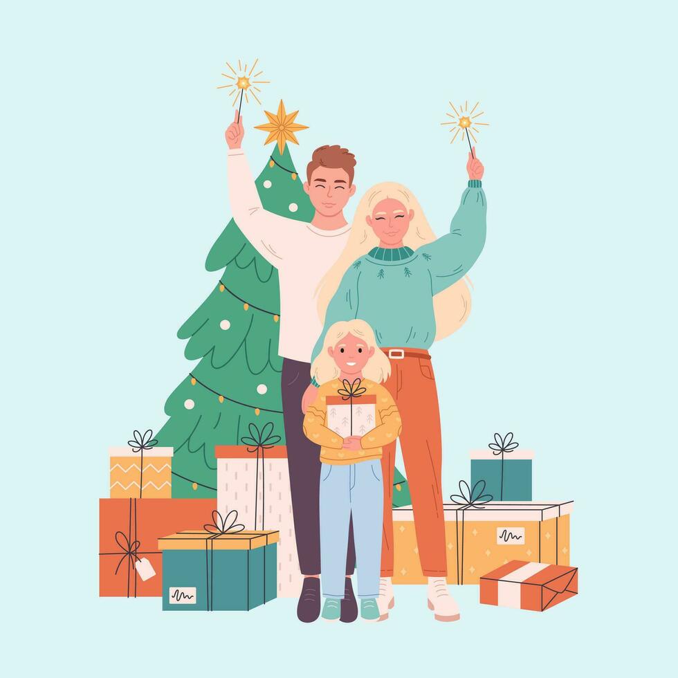 família com criança a comemorar Natal ou Novo ano. Natal árvore com apresenta. vetor