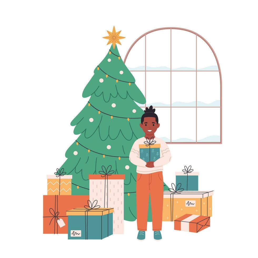 pequeno Garoto em pé com presente caixas perto Natal árvore e a comemorar Natal ou Novo ano. vetor