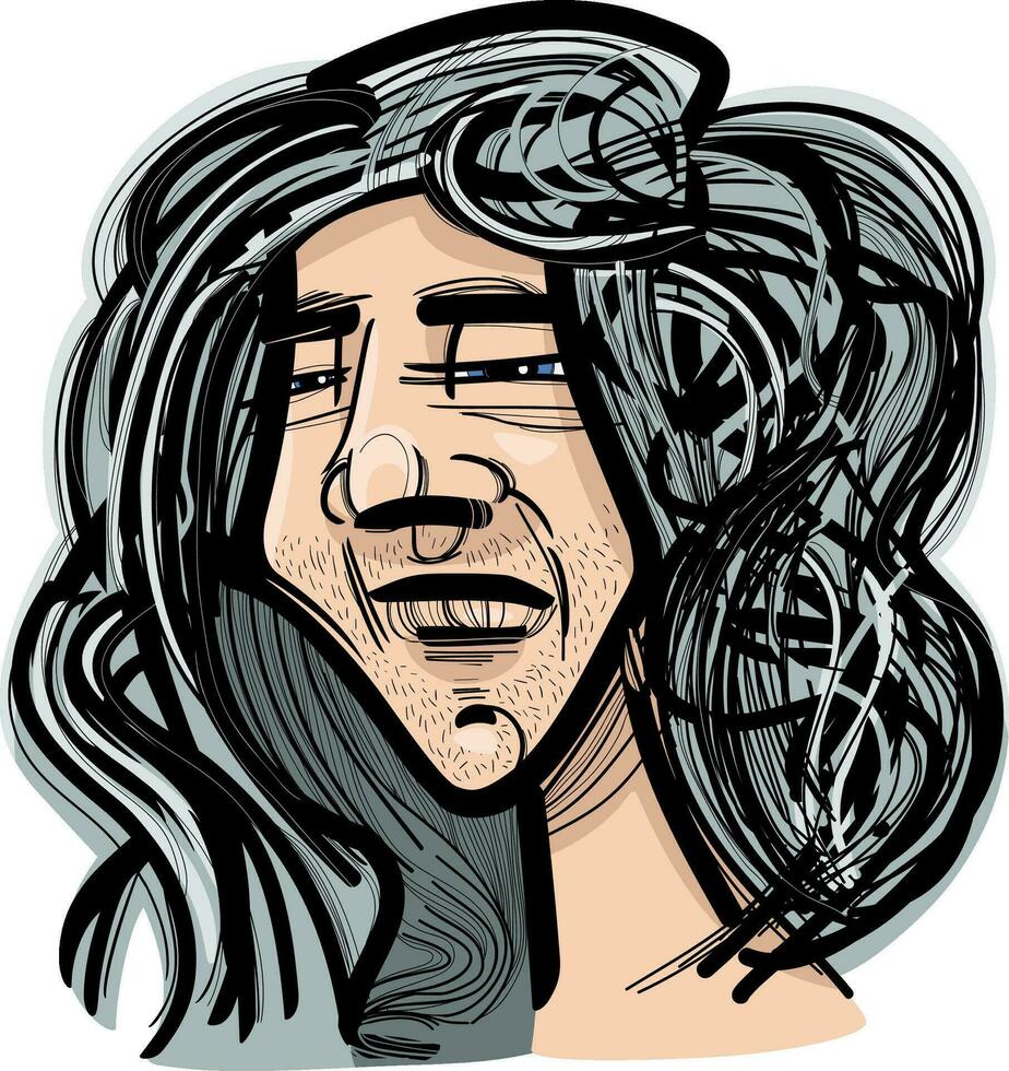 jovem homem com grandes cabelo caricatura desenhando ilustração vetor
