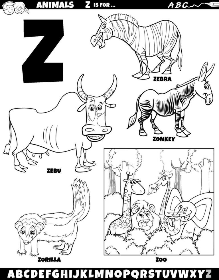 desenho animado animal personagens para carta z conjunto coloração página vetor