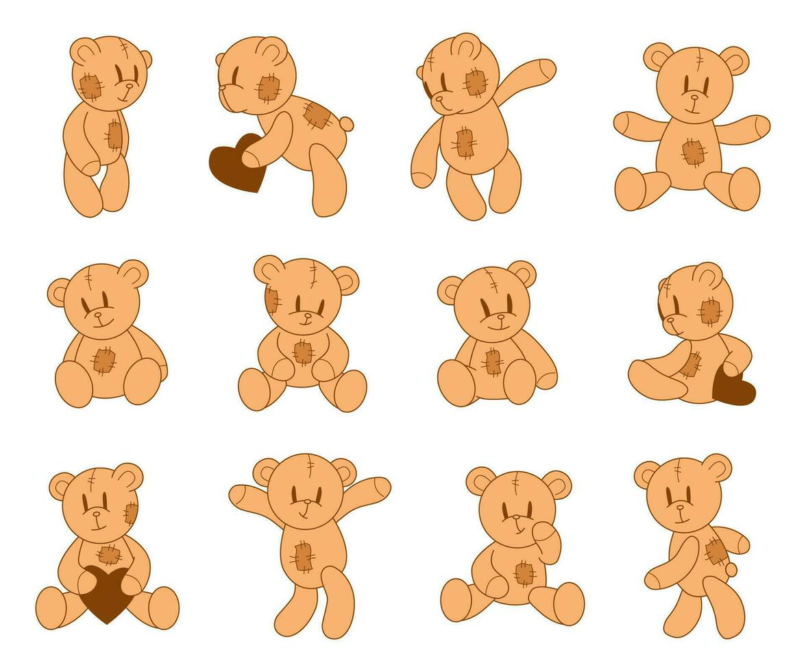 fofa Urso de pelúcia ursos definir. desgrenhado desenho animado Urso brinquedo com amostras dentro diferente poses. kawaii focinho. pelúcia amigo. amor história aniversário convite festa bebê nascermos cartão Projeto. vetor ilustração.