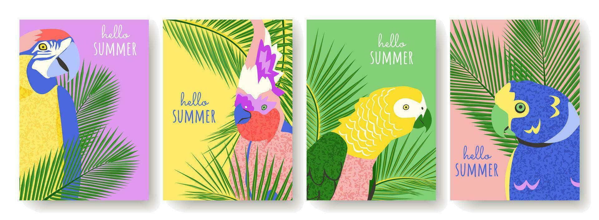 coleção do abstrato Olá verão fundo com papagaios Palma folhas dentro brilhante cores. tropical mão desenhado cartazes definir. arara cacatua papagaio cartão para oferta, social meios de comunicação. vetor ilustração.