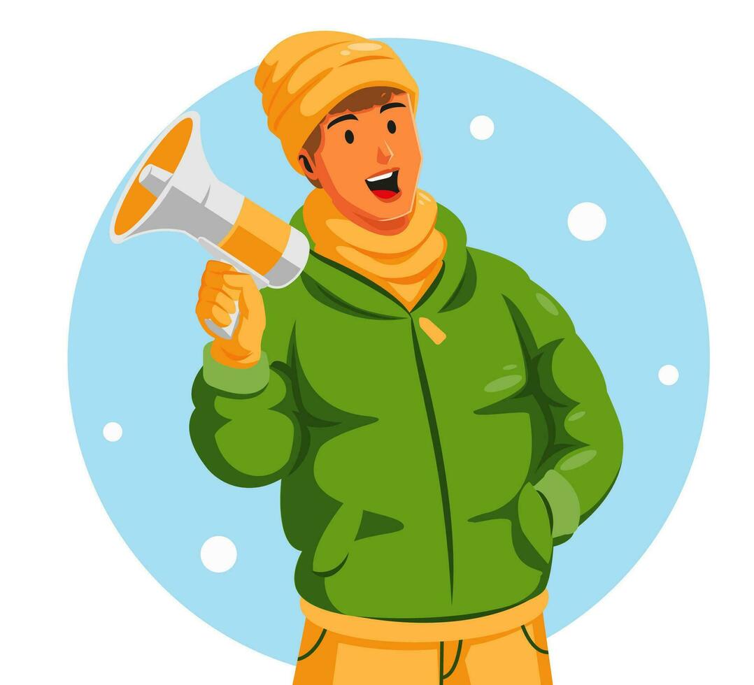 ilustração do uma homem segurando uma megafone dentro inverno roupas vetor