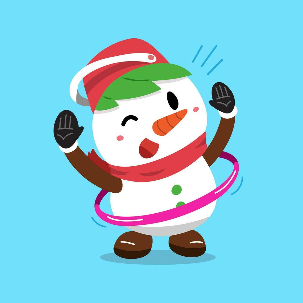 desenho animado personagem Natal boneco de neve exercício com hula aro vetor