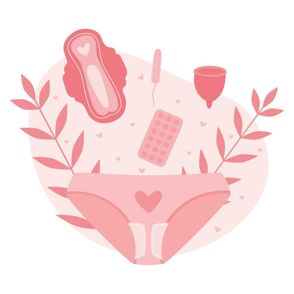 mulher calcinhas com folhas, almofadas, tampão, pílulas, menstrual copo degola fora. menstrual período. íntimo higiene Cuidado vetor