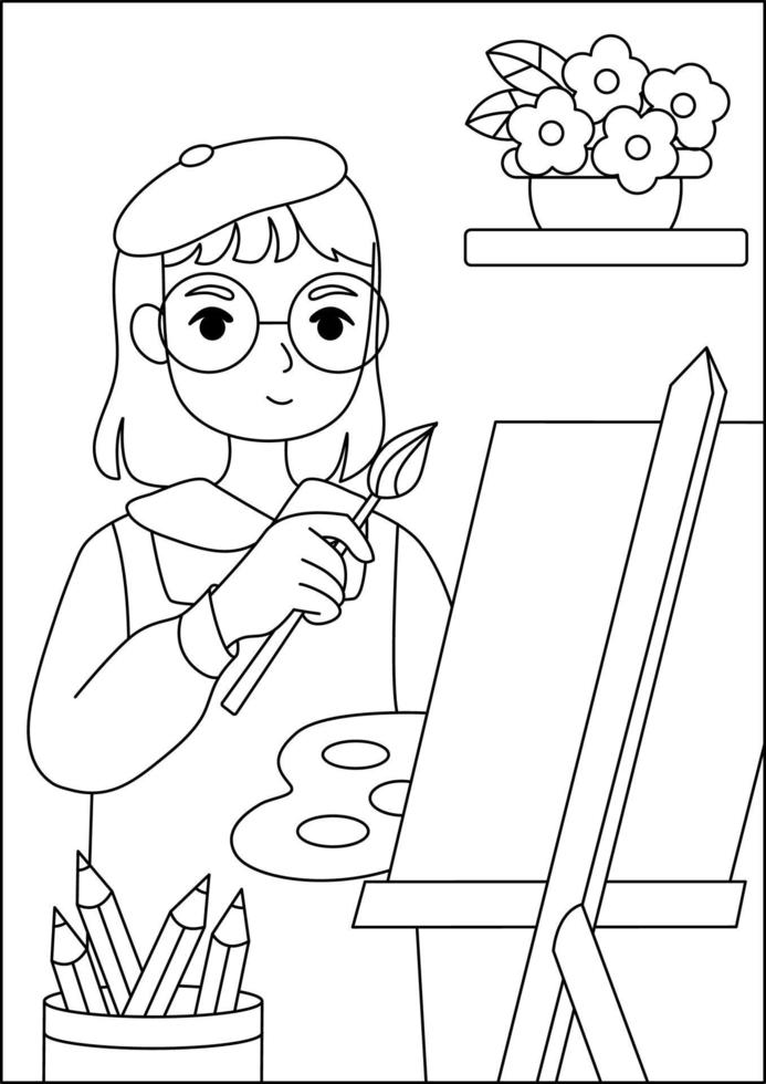 menina pintando ilustração para livro de atividades vetor