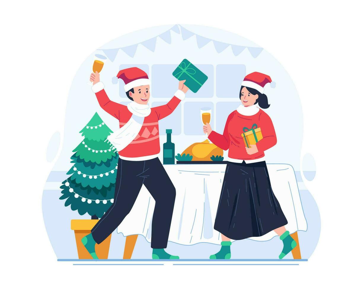 Natal festa e Novo ano celebração. uma feliz casal dentro inverno feriado roupas em pé com cada segurando presente caixas e champanhe óculos vetor