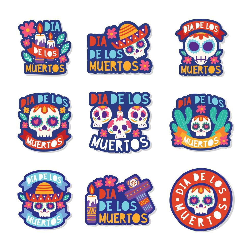 conjunto de adesivos coloridos dia de los muertos vetor