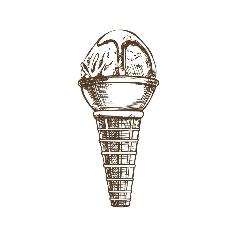 uma desenhado à mão esboço do uma waffle cone com congeladas iogurte ou gelo creme com chocolate molho em topo. vintage ilustração. elemento para a Projeto do rótulos, embalagem e cartões postais. vetor