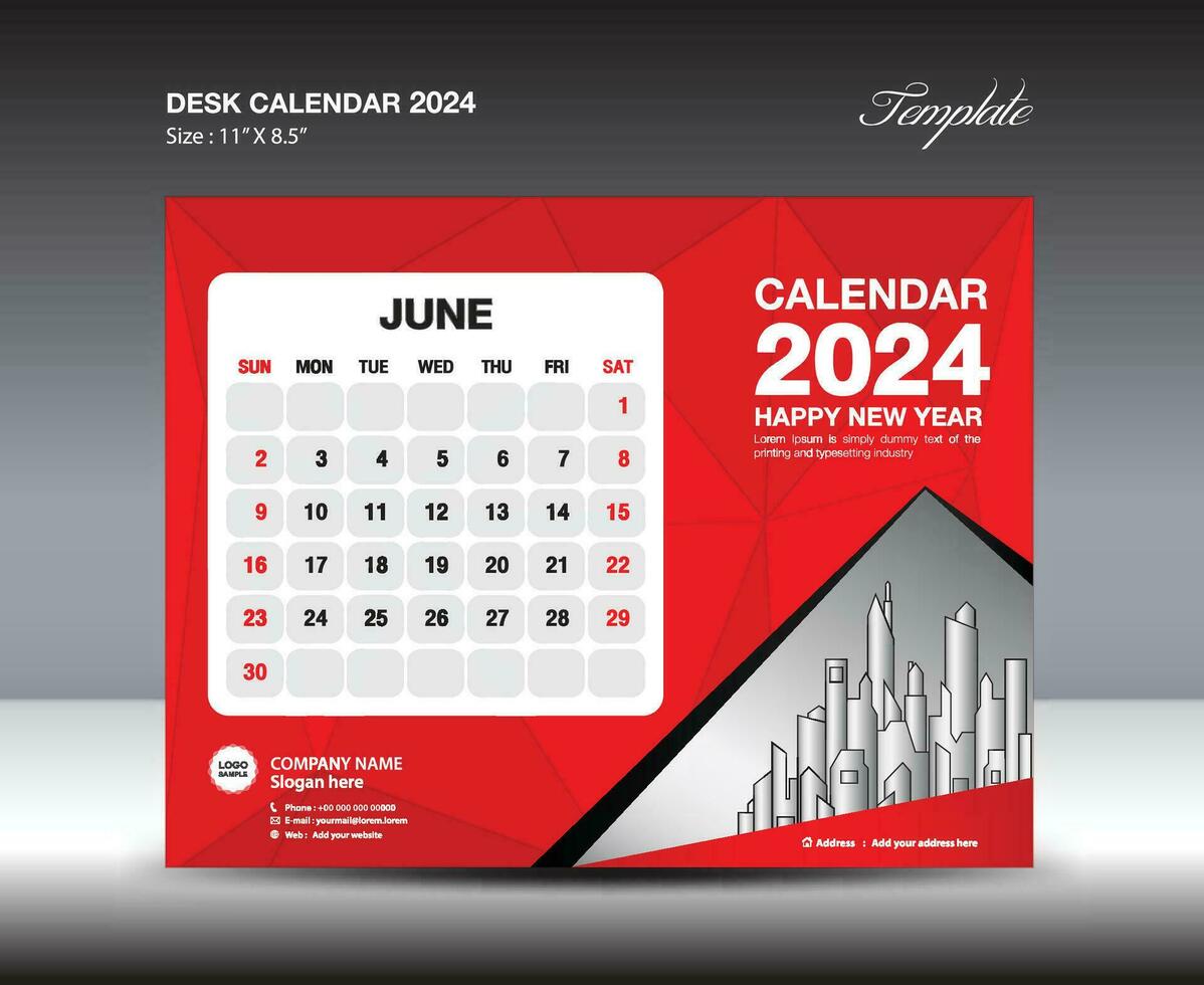 Junho 2024 modelo- escrivaninha calendário 2024 ano modelo, parede calendário 2023 ano, semana começa Domingo, planejador projeto, papelaria projeto, folheto projeto, impressão meios de comunicação, vermelho polígono fundo vetor