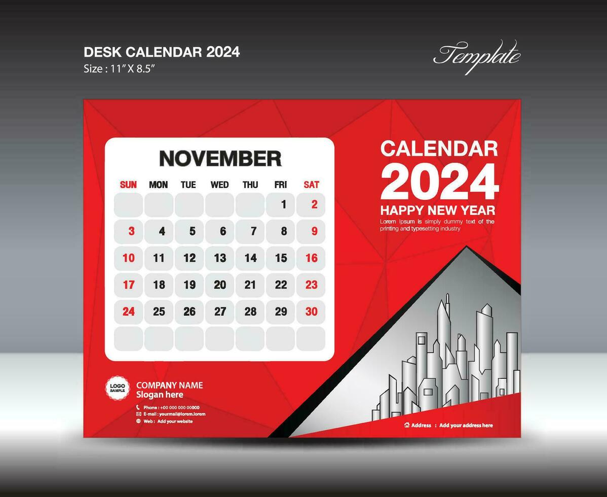 novembro 2024 modelo- escrivaninha calendário 2024 ano modelo, parede calendário 2023 ano, semana começa Domingo, planejador projeto, papelaria projeto, folheto projeto, impressão meios de comunicação, vermelho polígono fundo vetor