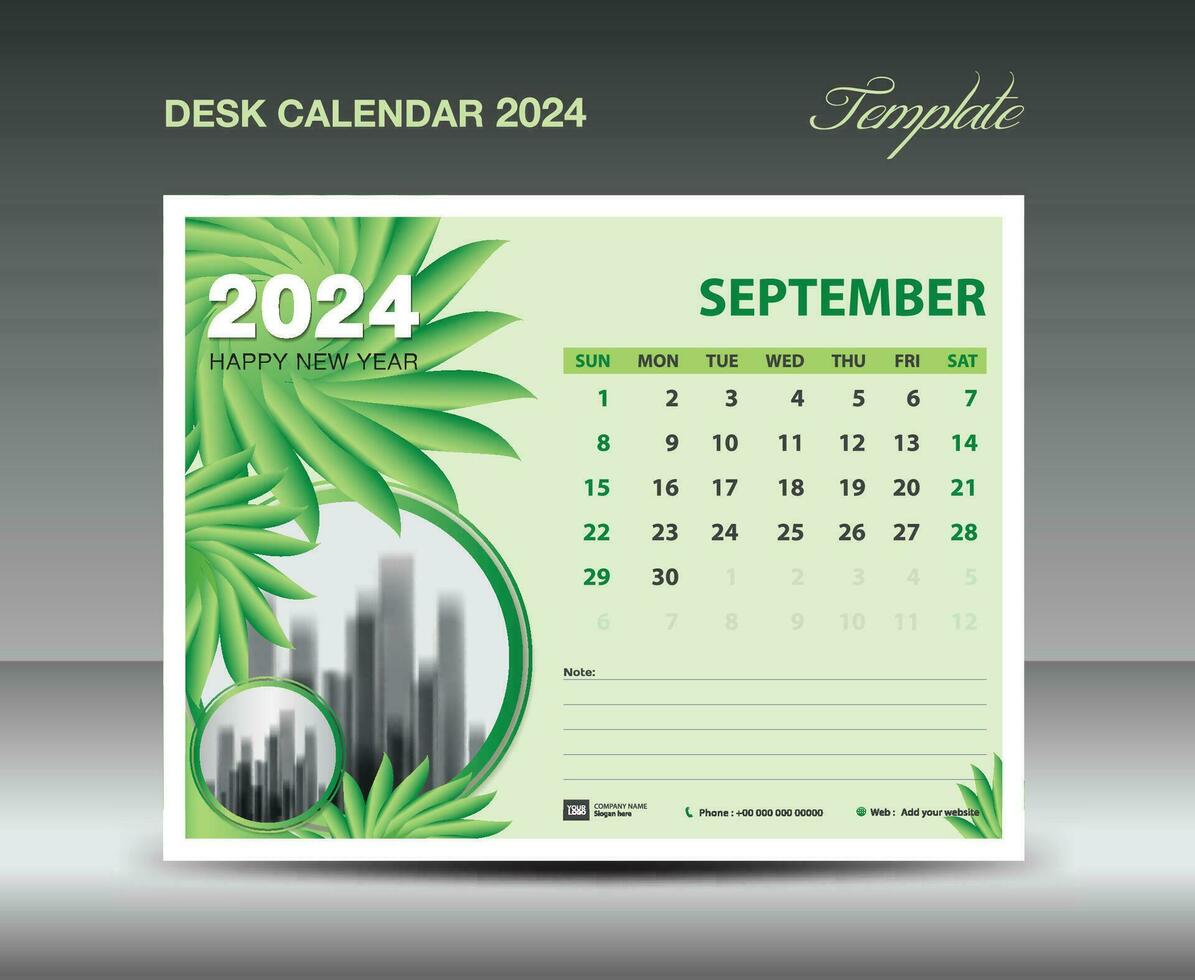 calendário 2024 projeto- setembro 2024 modelo, escrivaninha calendário 2024 modelo verde flores natureza conceito, planejador, parede calendário criativo ideia, anúncio, impressão modelo, vetor eps10