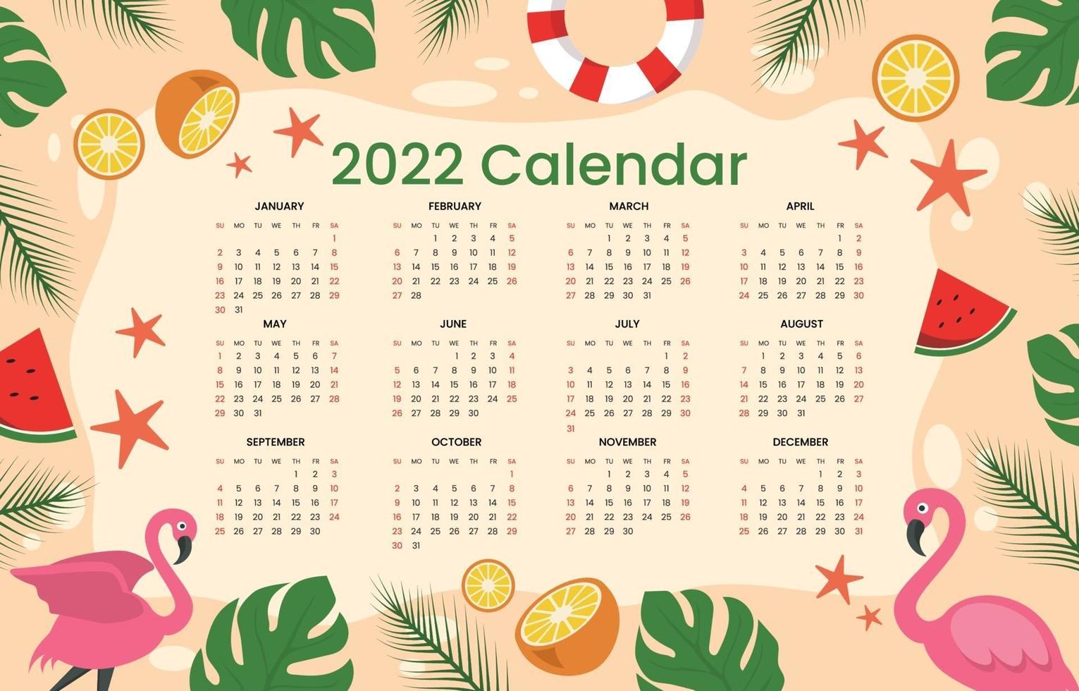 modelo de tema de verão calendário 2022 vetor