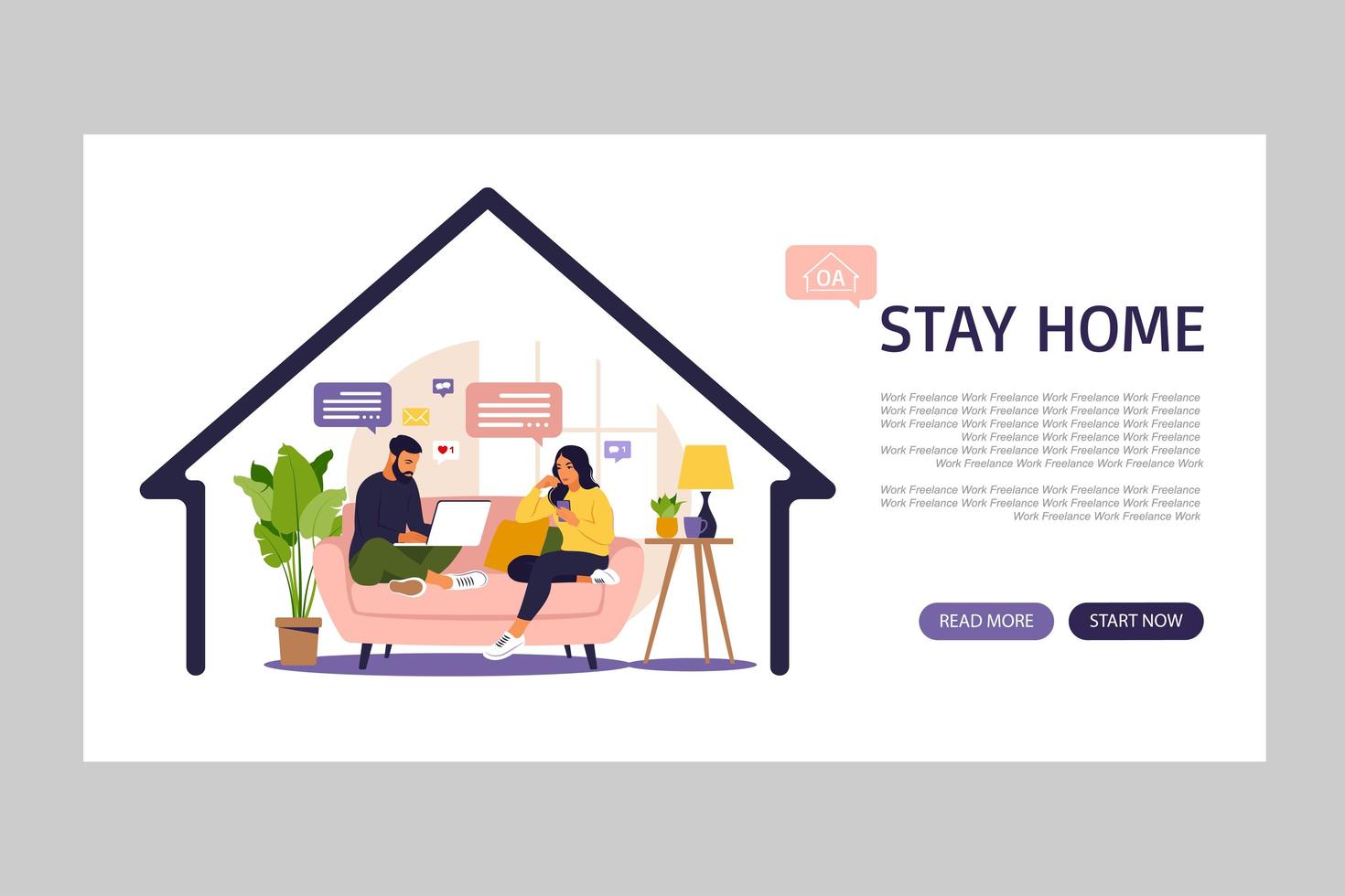 pessoas sentadas em um sofá e trabalhando online em casa. página de destino. vetor