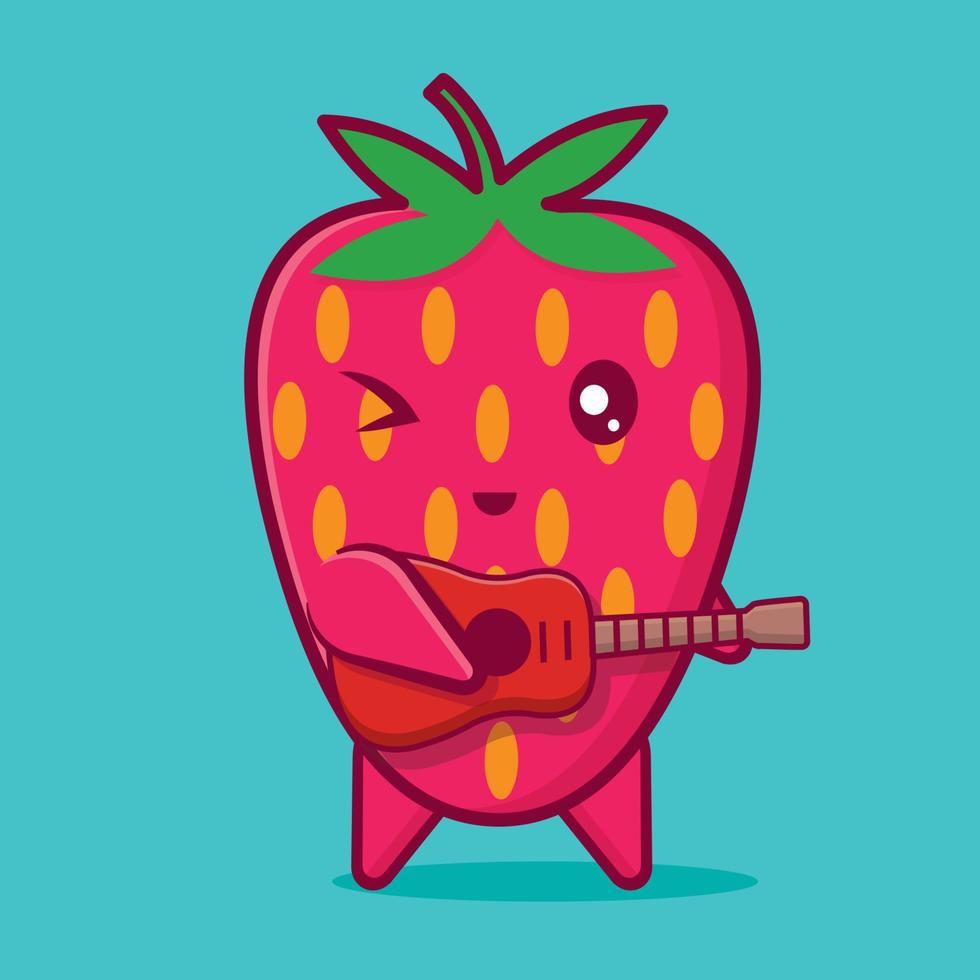 Personagem fofo mascote morango tocando desenho animado isolado de guitarra vetor