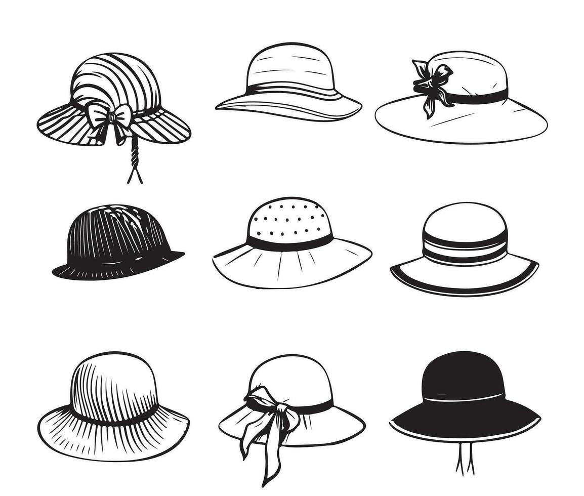 verão chapéus vintage coleção para elegante mulher, fêmea e senhoras. vetor