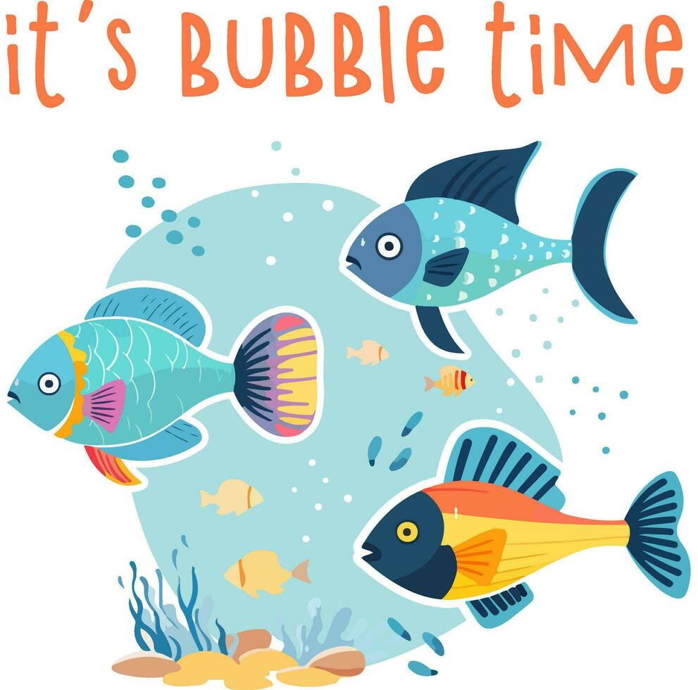 Está bolha Tempo fofa desenho animado estilo criança Projeto com colorida peixe isolado em branco fundo vetor