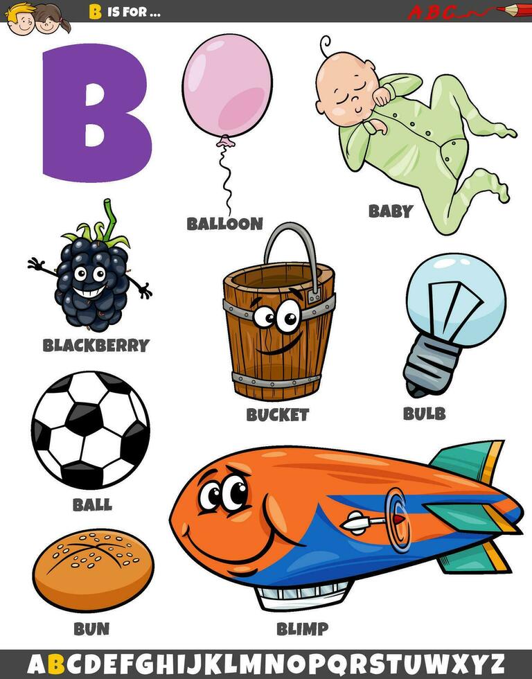 carta b conjunto com desenho animado objetos e personagens vetor