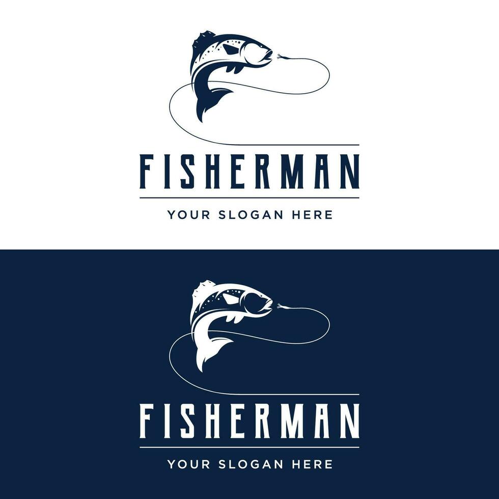 pescaria clube logotipo Projeto com criativo pescador e pulando peixe. vetor