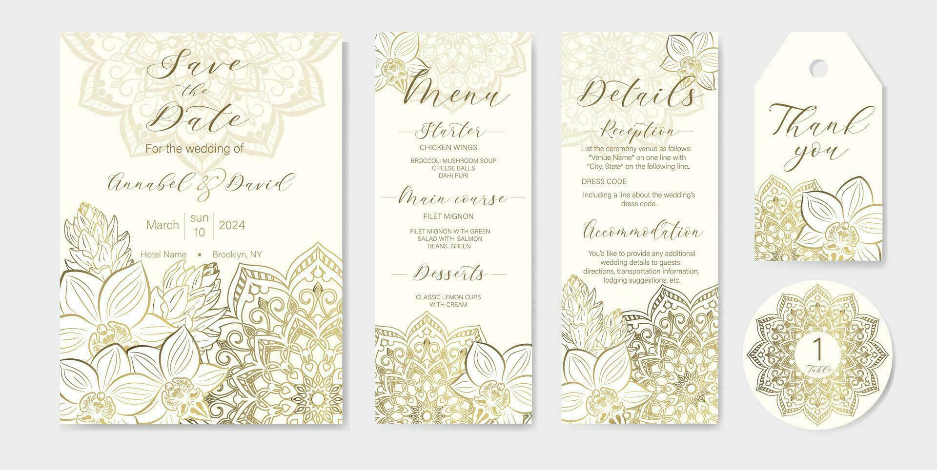 conjunto do cinco Casamento cartões. elegante feriado convites e cartões com mandala fundo com dourado esboços do tropical orquídeas e exótico flores vetor