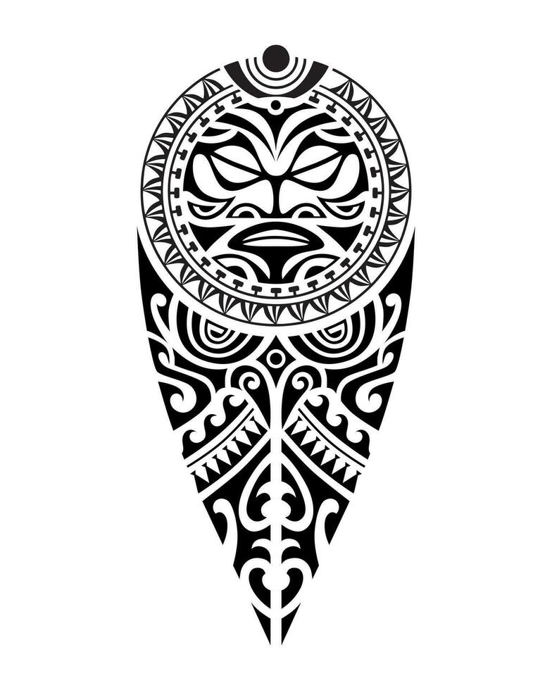 tatuagem esboço maori estilo para perna ou ombro com Sol símbolos face. Preto e branco. vetor