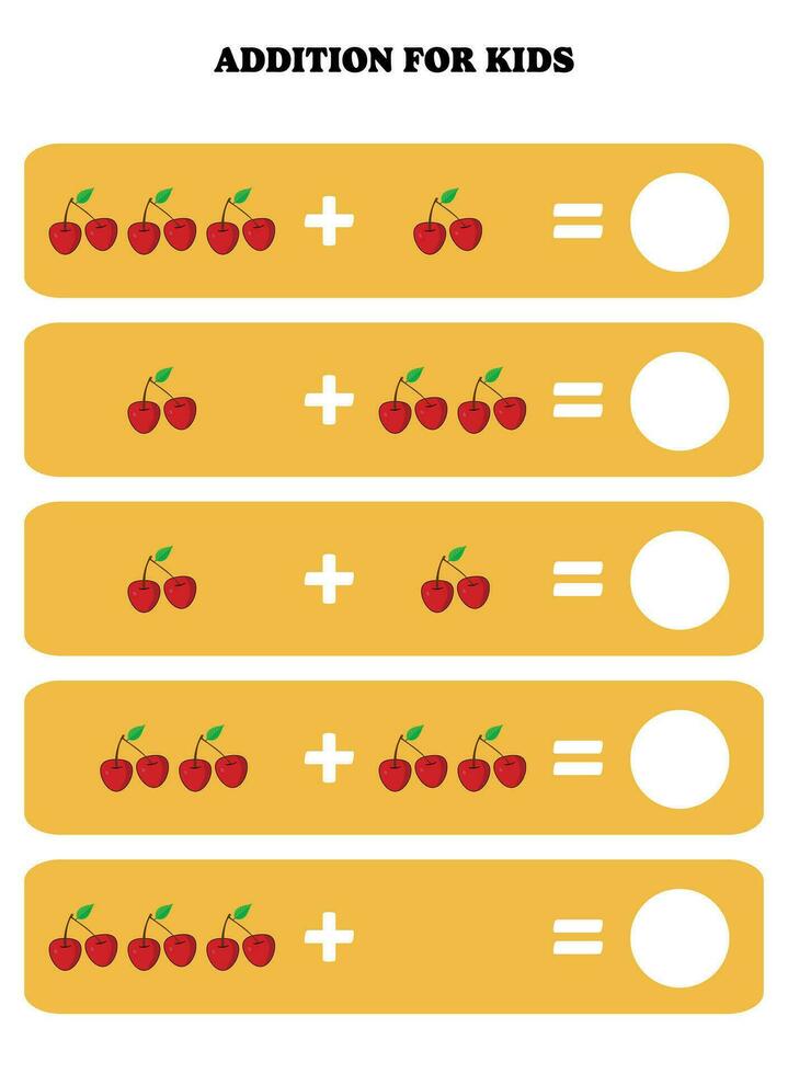 Adição página para crianças. educacional matemática jogos para crianças com cereja. imprimível planilha Projeto. Aprendendo matemática. vetor