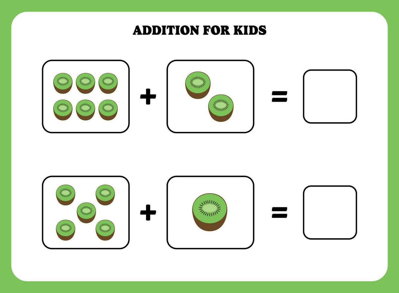 Adição página para crianças. educacional matemática jogos para crianças com kiwi. imprimível planilha Projeto. Aprendendo matemática. vetor