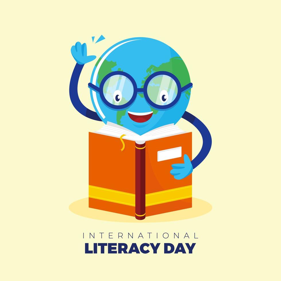 vetor do dia internacional da alfabetização com um personagem globo e um livro que convida o mundo inteiro a escrever e ler