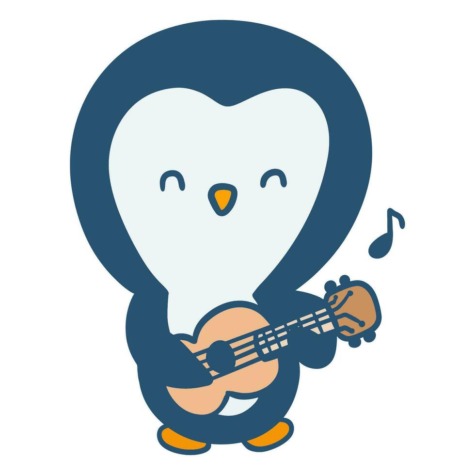 mão desenhado fofa pequeno pinguim jogando ukulele guitarra desenho animado ilustração vetor