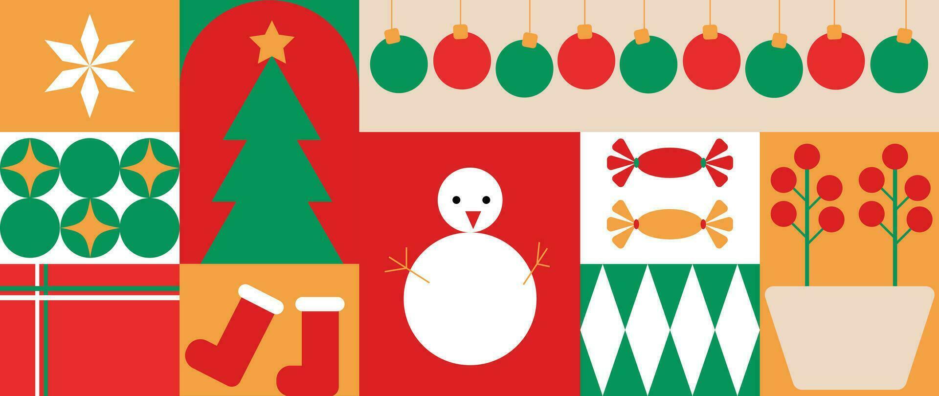 alegre Natal e feliz Novo ano padronizar fundo vetor. decorativo elementos do boneco de neve, árvore, floco de neve, meias, doce. Projeto para bandeira, cartão, cobrir, poster, publicidade.papel de parede, embalagem. vetor